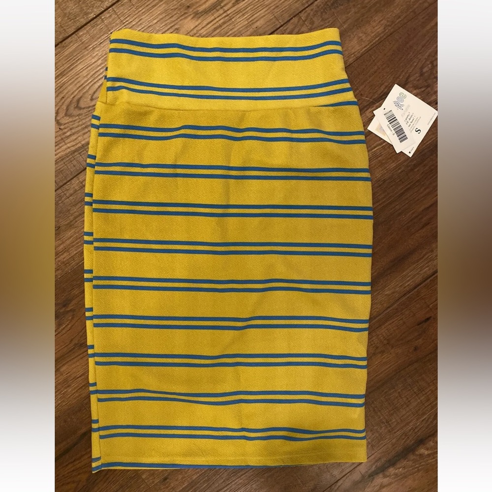 Lularoe Cassie Pencil Straight Skirt Yellow & Blue Stripe Size S